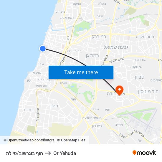 חוף בוגרשוב/טיילת to Or Yehuda map