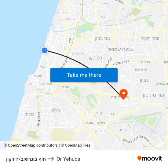 חוף בוגרשוב/הירקון to Or Yehuda map