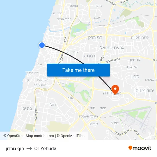 חוף גורדון to Or Yehuda map