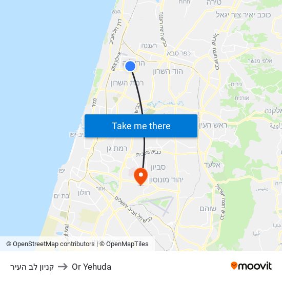 קניון לב העיר to Or Yehuda map