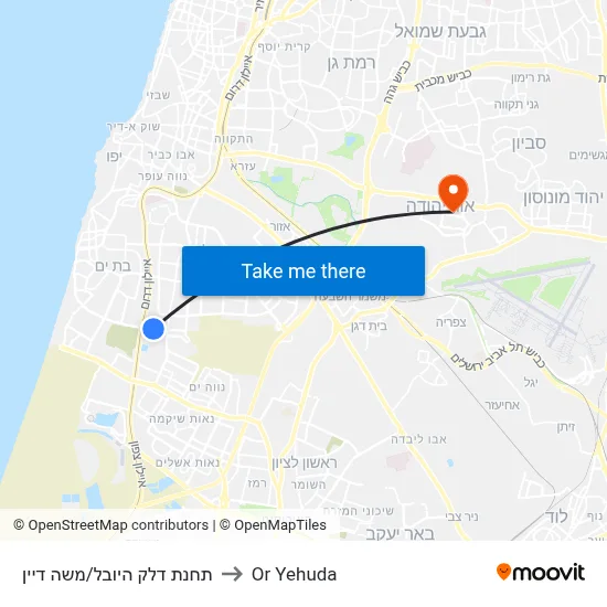 תחנת דלק היובל/משה דיין to Or Yehuda map