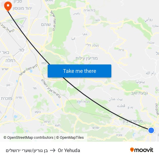 בן גוריון/שערי ירושלים to Or Yehuda map