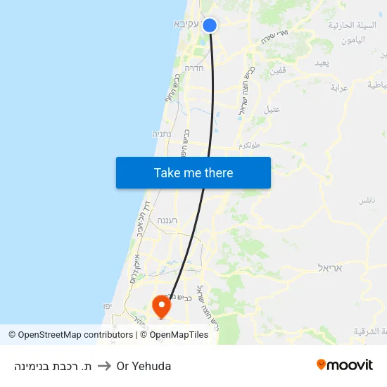 ת. רכבת בנימינה to Or Yehuda map