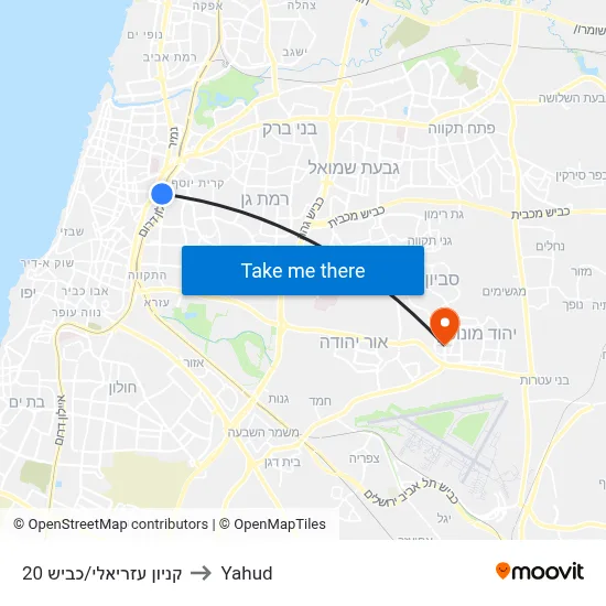 קניון עזריאלי/כביש 20 to Yahud map