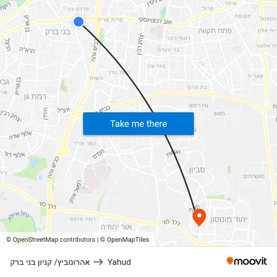 אהרונוביץ/ קניון בני ברק to Yahud map