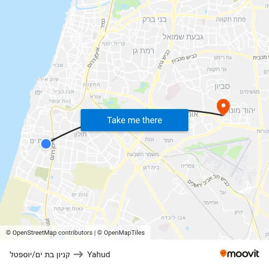 קניון בת ים/יוספטל to Yahud map