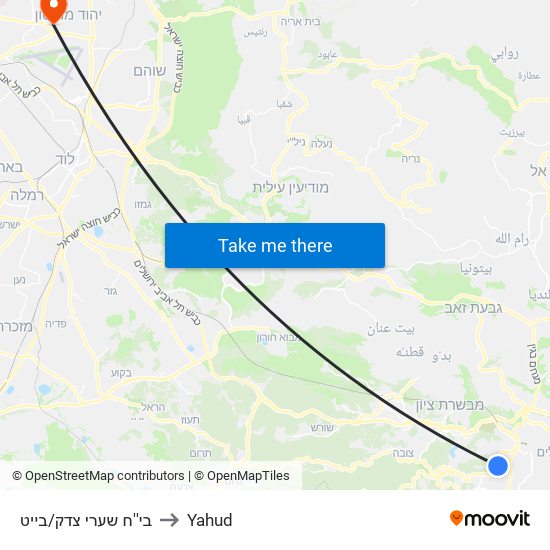 בי''ח שערי צדק/בייט to Yahud map