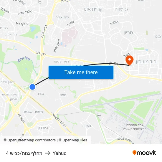 מחלף גנות/כביש 4 to Yahud map