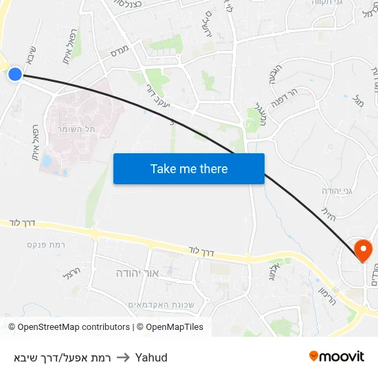 רמת אפעל/דרך שיבא to Yahud map