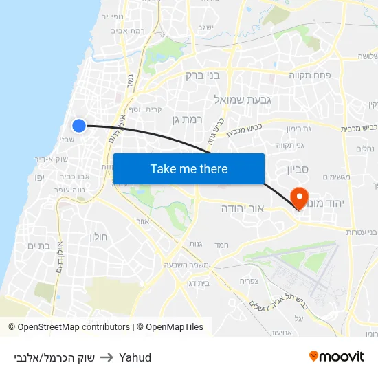שוק הכרמל/אלנבי to Yahud map