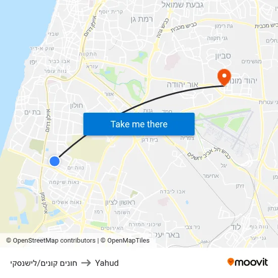 חונים קונים/לישנסקי to Yahud map