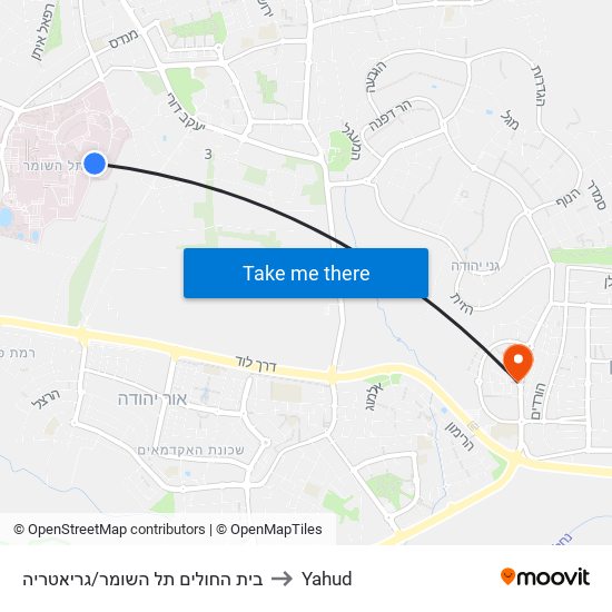 בית החולים תל השומר/גריאטריה to Yahud map