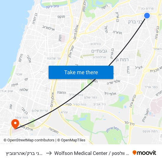 קניון בני ברק/אהרונוביץ to Wolfson Medical Center / בית חולים וולפסון map