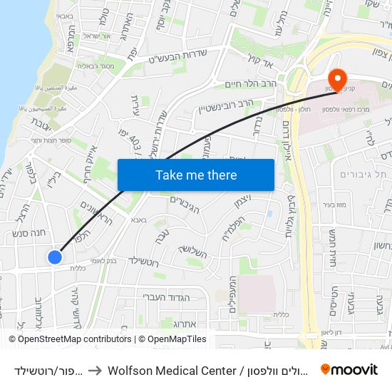 בלפור/רוטשילד to Wolfson Medical Center / בית חולים וולפסון map