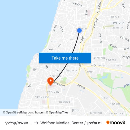 החשמונאים/קרליבך to Wolfson Medical Center / בית חולים וולפסון map