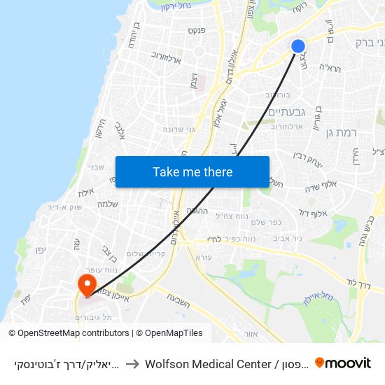 ת.רק''ל ביאליק/דרך ז'בוטינסקי to Wolfson Medical Center / בית חולים וולפסון map