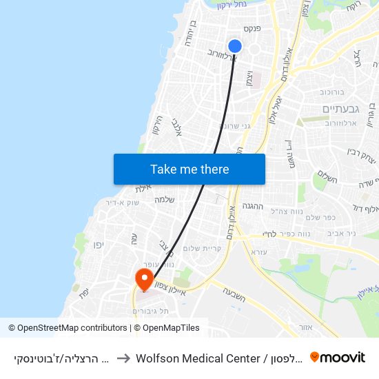 גימנסיה הרצליה/ז'בוטינסקי to Wolfson Medical Center / בית חולים וולפסון map