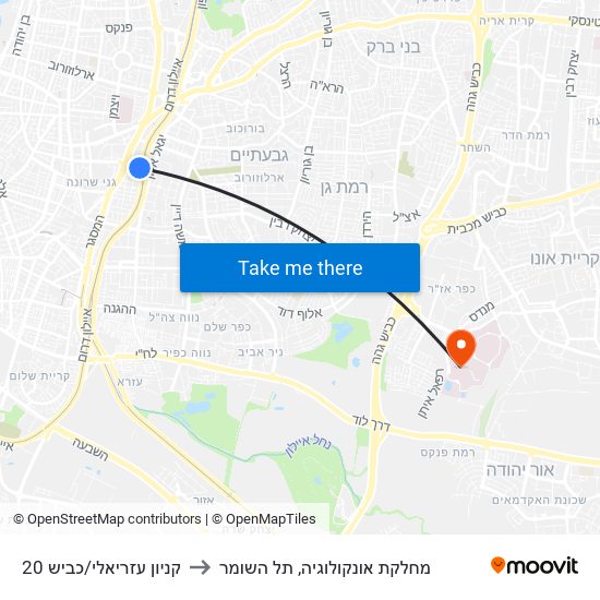 קניון עזריאלי/כביש 20 to מחלקת אונקולוגיה, תל השומר map