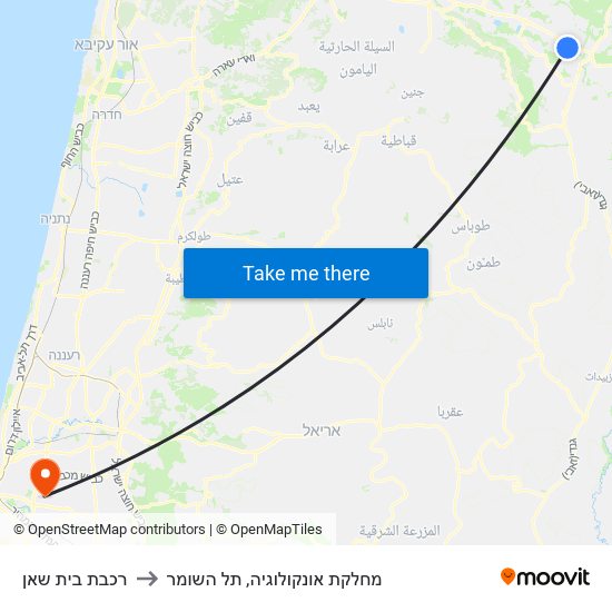 רכבת בית שאן to מחלקת אונקולוגיה, תל השומר map