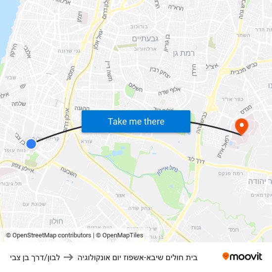 לבון/דרך בן צבי to בית חולים שיבא-אשפוז יום אונקולוגיה map