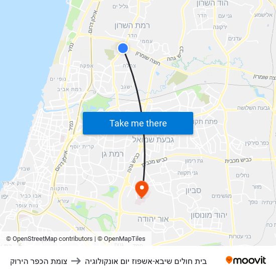 צומת הכפר הירוק to בית חולים שיבא-אשפוז יום אונקולוגיה map