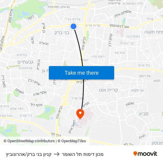 קניון בני ברק/אהרונוביץ to מכון דימות תל השומר map