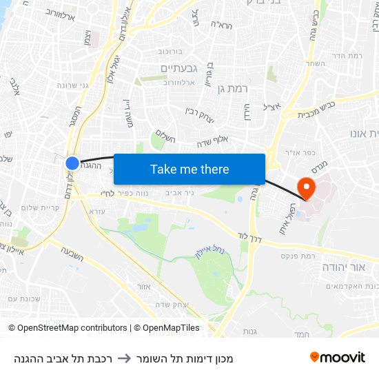 רכבת תל אביב ההגנה to מכון דימות תל השומר map