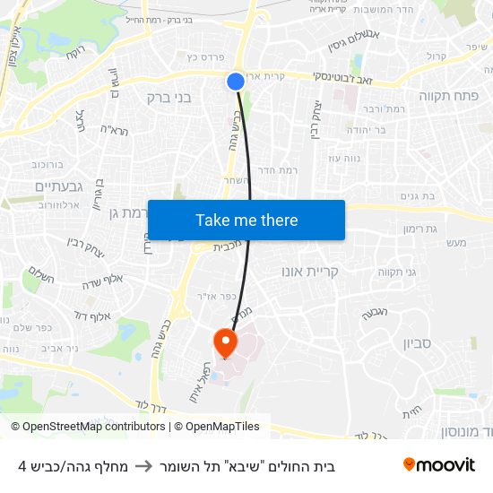 מחלף גהה/כביש 4 to בית החולים "שיבא" תל השומר map