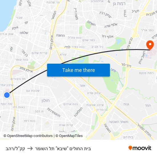 קק''ל/רהב to בית החולים "שיבא" תל השומר map
