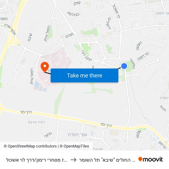 מרכז מסחרי רימון/דרך לוי אשכול to בית החולים "שיבא" תל השומר map