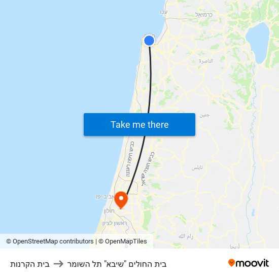 בית הקרנות to בית החולים "שיבא" תל השומר map