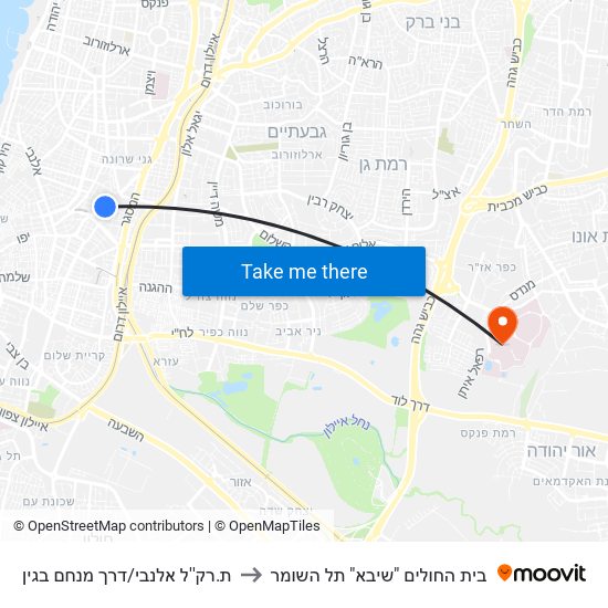 ת.רק''ל אלנבי/דרך מנחם בגין to בית החולים "שיבא" תל השומר map