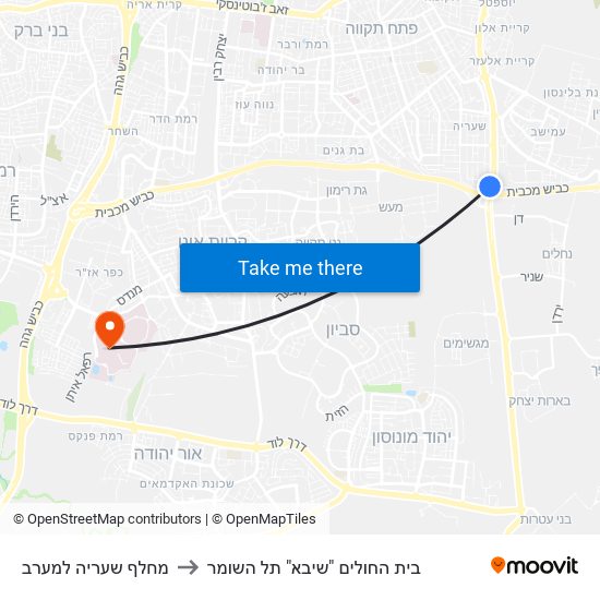 מחלף שעריה למערב to בית החולים "שיבא" תל השומר map