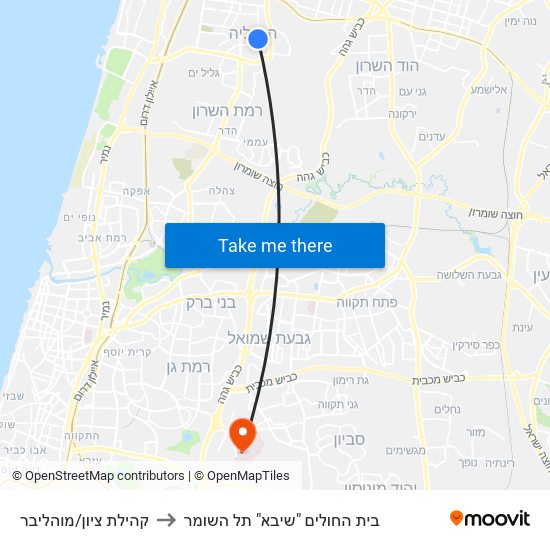 קהילת ציון/מוהליבר to בית החולים "שיבא" תל השומר map