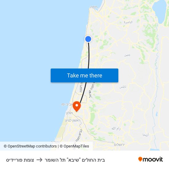 צומת פוריידיס to בית החולים "שיבא" תל השומר map