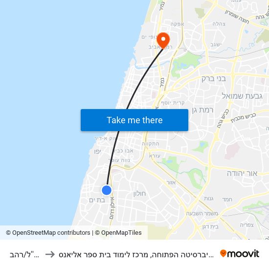 קק''ל/רהב to האוניברסיטה הפתוחה, מרכז לימוד בית ספר אליאנס map