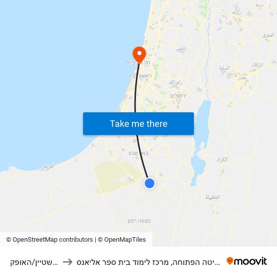 בורנשטיין/האופק to האוניברסיטה הפתוחה, מרכז לימוד בית ספר אליאנס map