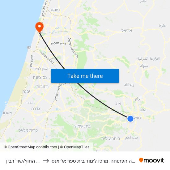 משרד החוץ/שד' רבין to האוניברסיטה הפתוחה, מרכז לימוד בית ספר אליאנס map