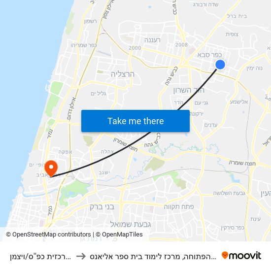 תחנה מרכזית כפ''ס/ויצמן to האוניברסיטה הפתוחה, מרכז לימוד בית ספר אליאנס map