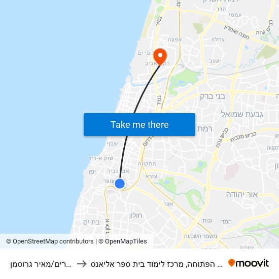 תל גיבורים/מאיר גרוסמן to האוניברסיטה הפתוחה, מרכז לימוד בית ספר אליאנס map