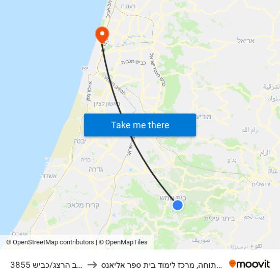 שדרות הרב הרצג/כביש 3855 to האוניברסיטה הפתוחה, מרכז לימוד בית ספר אליאנס map