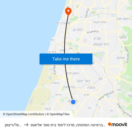 הרצל/וייצמן to האוניברסיטה הפתוחה, מרכז לימוד בית ספר אליאנס map