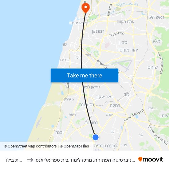 צומת בילו to האוניברסיטה הפתוחה, מרכז לימוד בית ספר אליאנס map