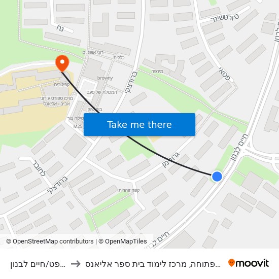 מכון הנפט/חיים לבנון to האוניברסיטה הפתוחה, מרכז לימוד בית ספר אליאנס map