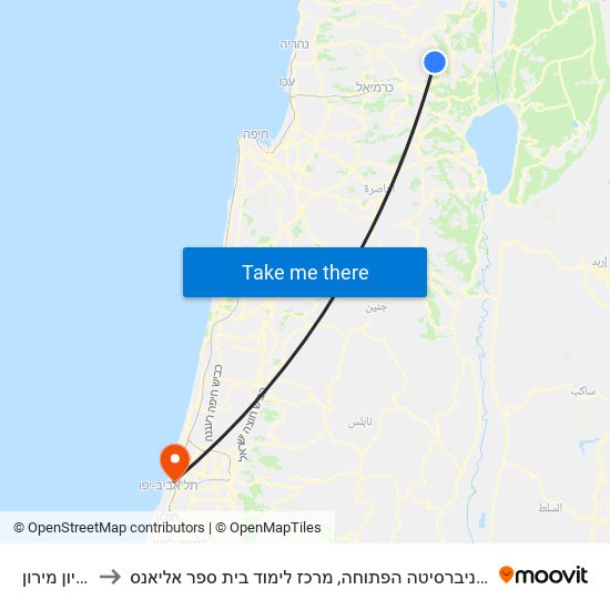 חניון מירון to האוניברסיטה הפתוחה, מרכז לימוד בית ספר אליאנס map