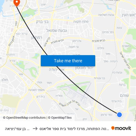 מחנה בן עמי/יציאה to האוניברסיטה הפתוחה, מרכז לימוד בית ספר אליאנס map