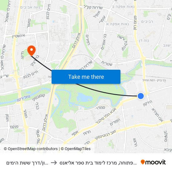 קניון איילון/דרך ששת הימים to האוניברסיטה הפתוחה, מרכז לימוד בית ספר אליאנס map