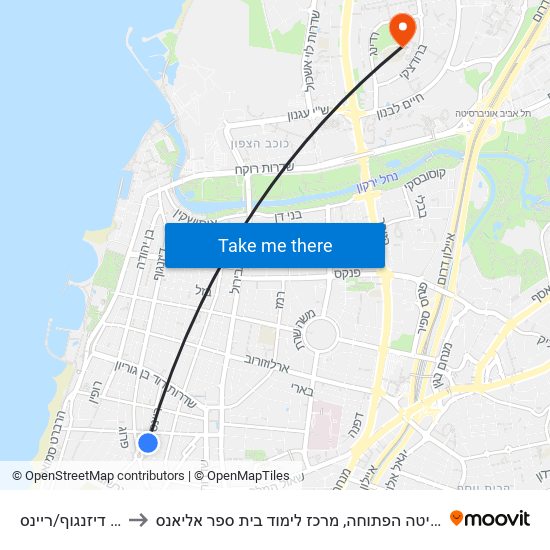 כיכר דיזנגוף/ריינס to האוניברסיטה הפתוחה, מרכז לימוד בית ספר אליאנס map