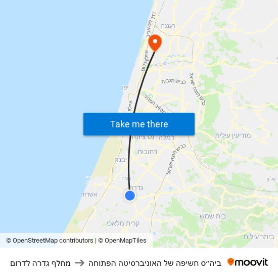 מחלף גדרה לדרום to ביה״ס חשיפה של האוניברסיטה הפתוחה map