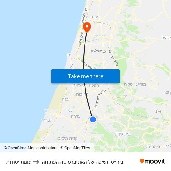 צומת יסודות to ביה״ס חשיפה של האוניברסיטה הפתוחה map